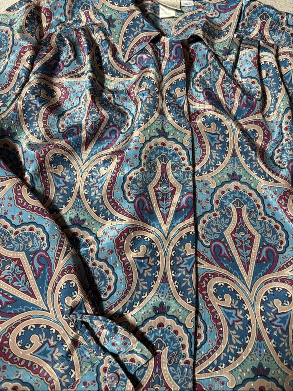 Paisley Print Button-Front Blouse in Teal and Burgundy